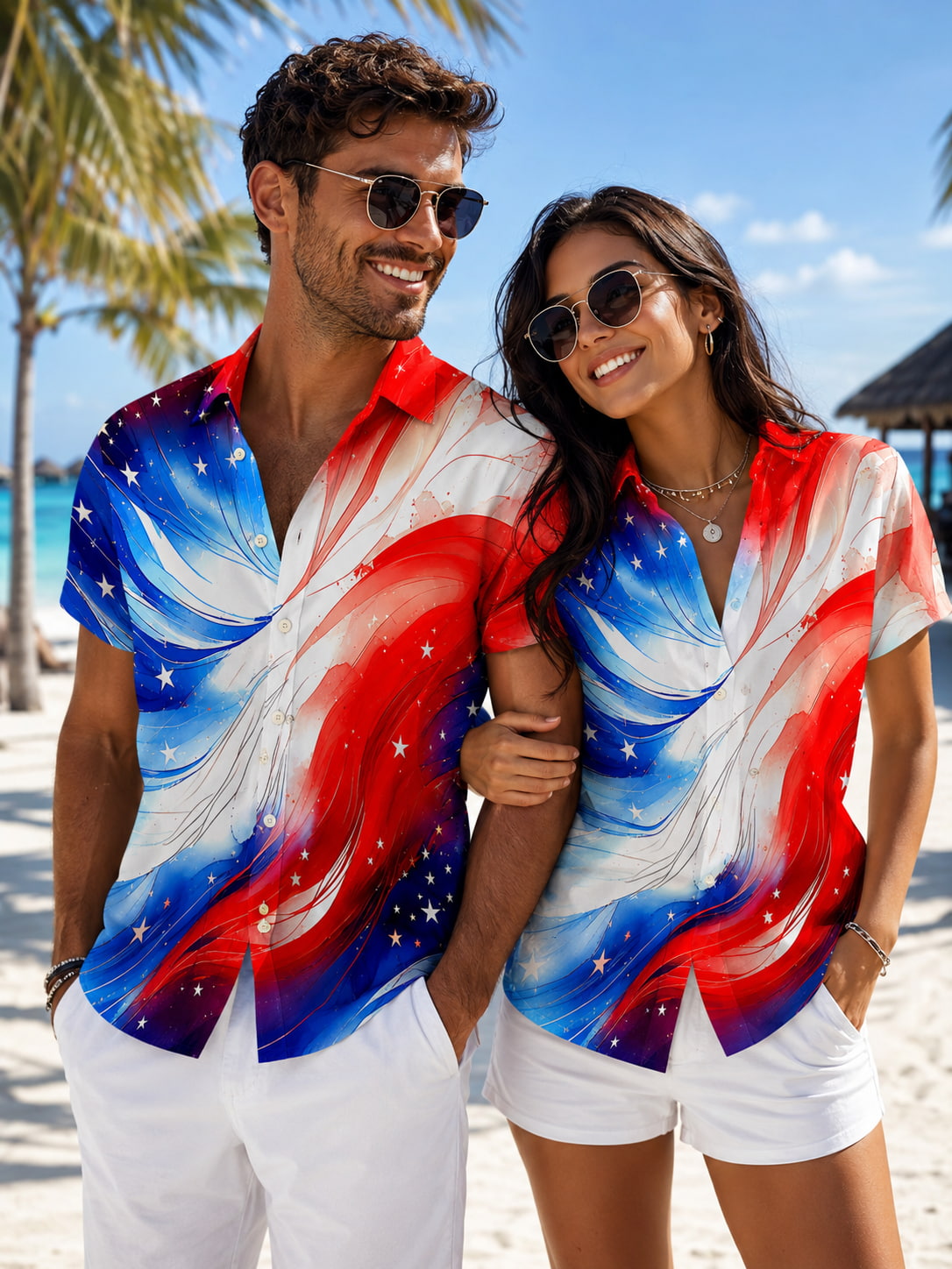 Abstract American Flag Star Print Couple Shirts