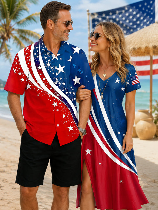 American Flag Star Print Couple Matching Shirt & Dress