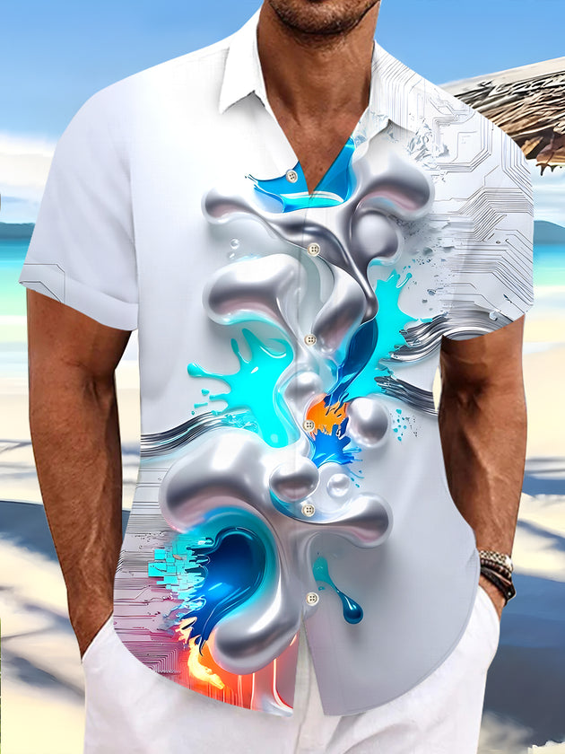 Men's Hawaiian abstract print short sleeve shirt front view tropical beach vacation
