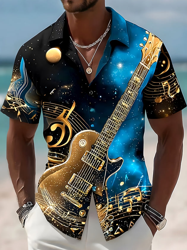 men's guitar print shirt front view