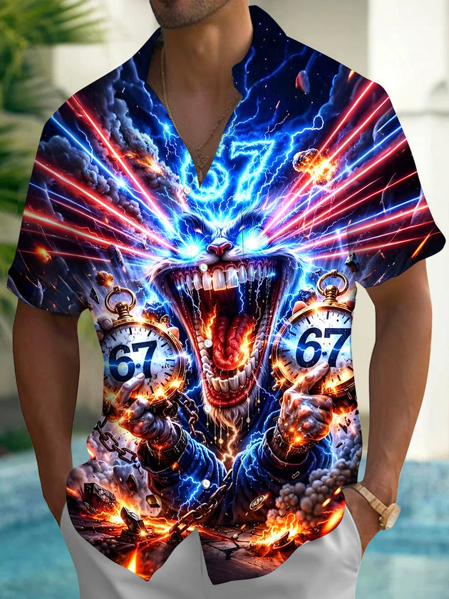 Men Funny Rabbit Hawaiian short sleeve shirt front view tropical beach vacation