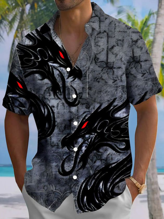 Men's dragon print pocket short sleeve shirt front view