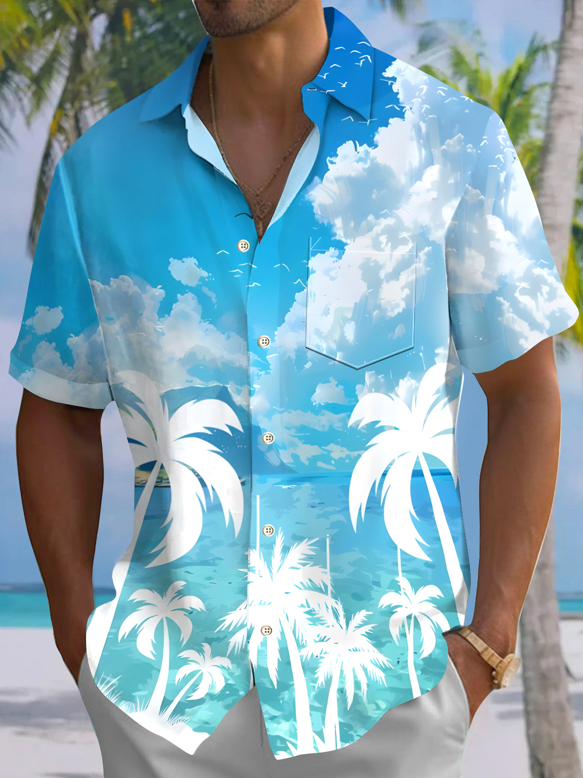 Hawaiian Coconut Tree Men's Pocket Short Sleeve Shirts