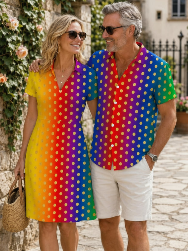 Adaychic Rainbow Gradient Gold Polka Dot Matching Couple Short Sleeve Shirt and Dress