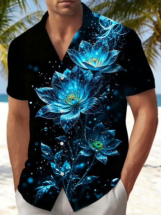 Luminous Blue Lotus Floral Men's Pocket Short Sleeve Shirts