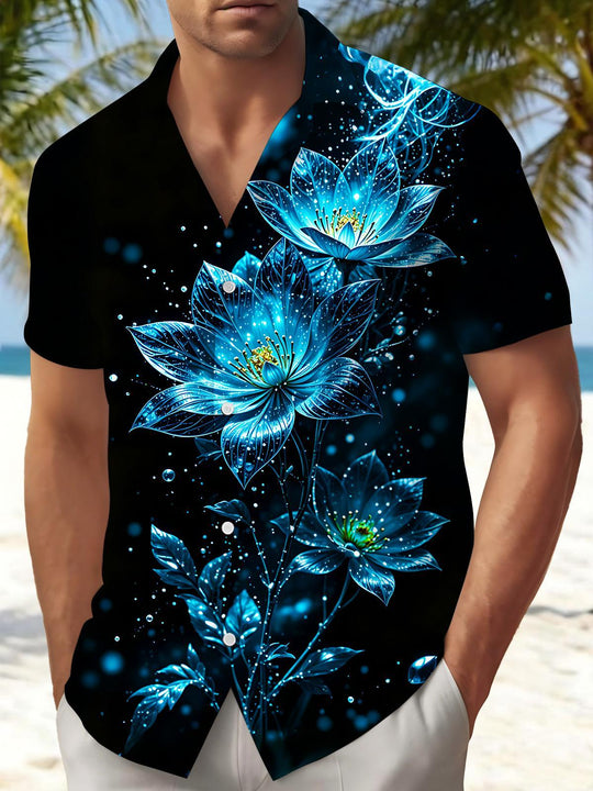 Luminous Blue Lotus Floral Men's Pocket Short Sleeve Shirts