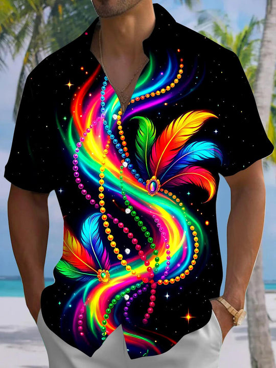 Men's tie-dye short sleeve shirt front view for Mardi Gras festival