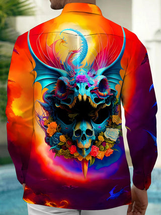 Men's black dragon skull floral print long sleeve shirt back view
