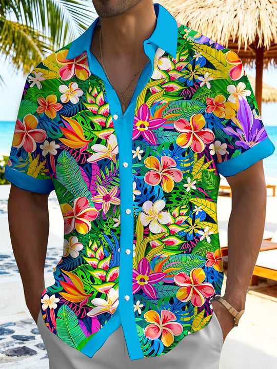 Hawaiian Colorful Tropical Plumeria Floral Color Block Men's Pocket Short Sleeve Shirts