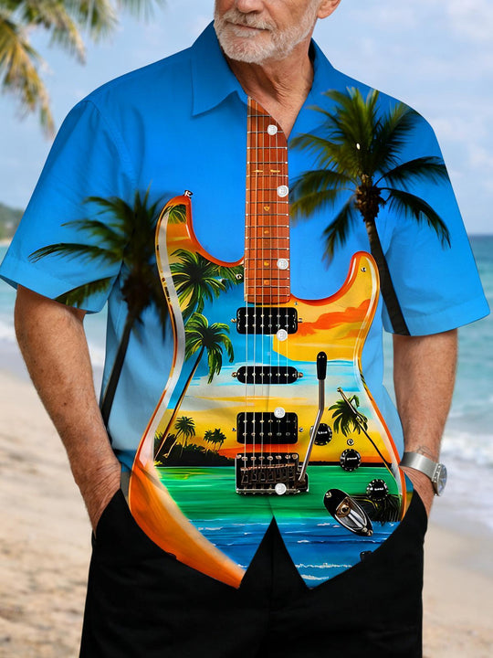 Hawaiian Beach Electric Guitar Men's Pocket Short Sleeve Shirts