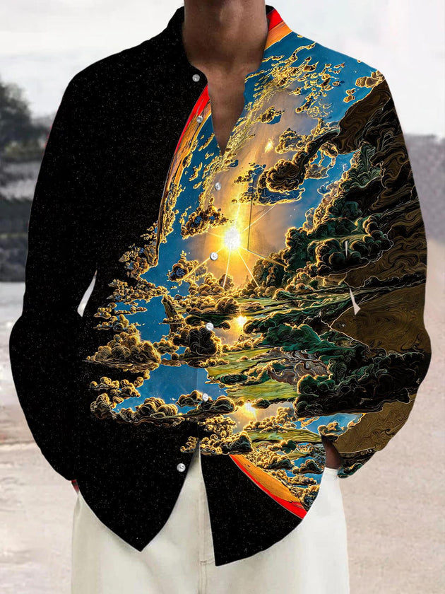 Men's abstract earth art print long sleeve shirt front view