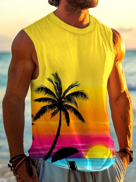 Men's Hawaiian coconut tree print tank top front view for tropical beach vacation