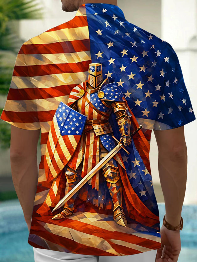 American Flag Knight Independence Day Men's Pocket Short Sleeve Shirts