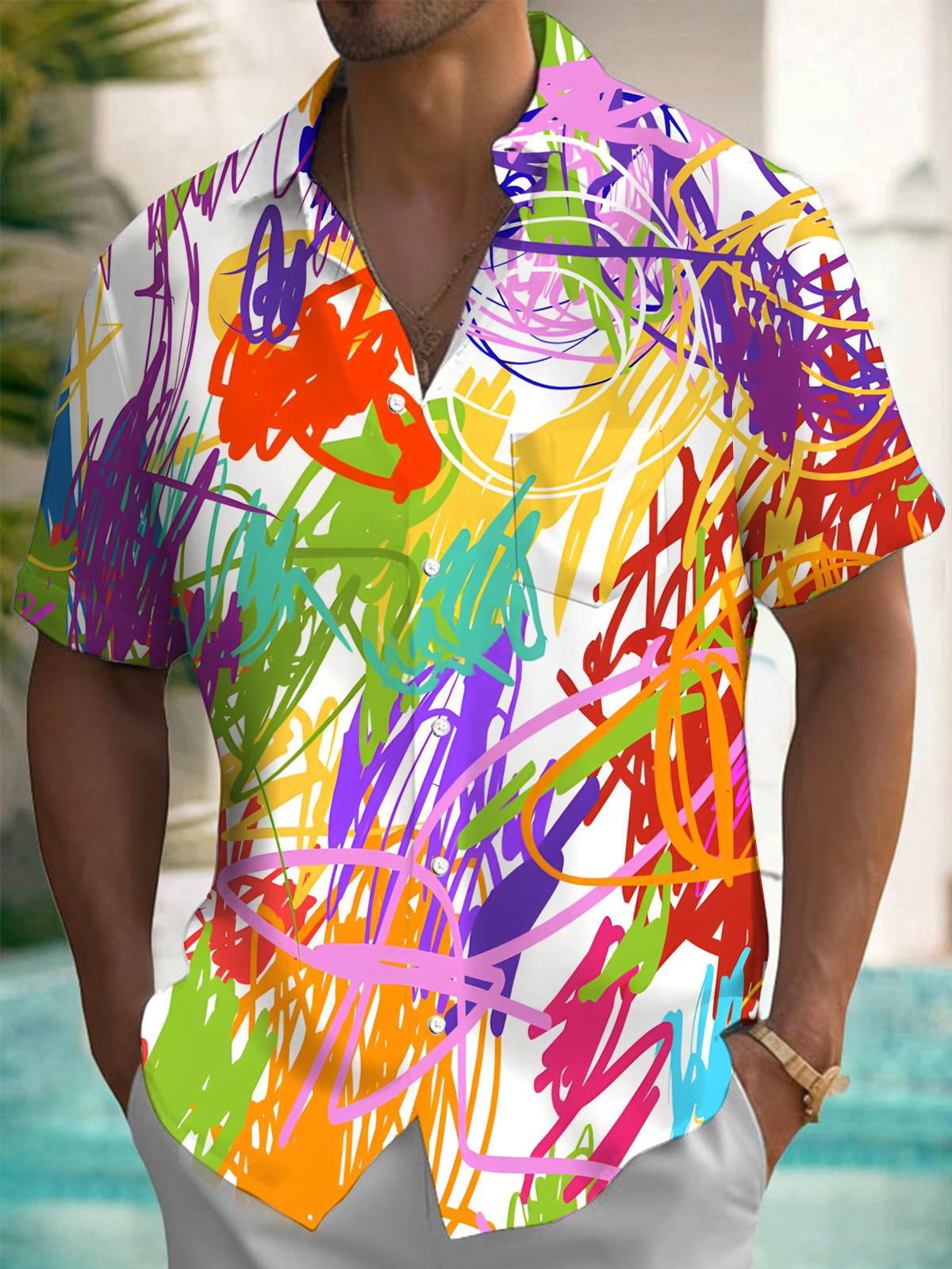 Abstract Line Art Print Men's Pocket Short Sleeve Shirts