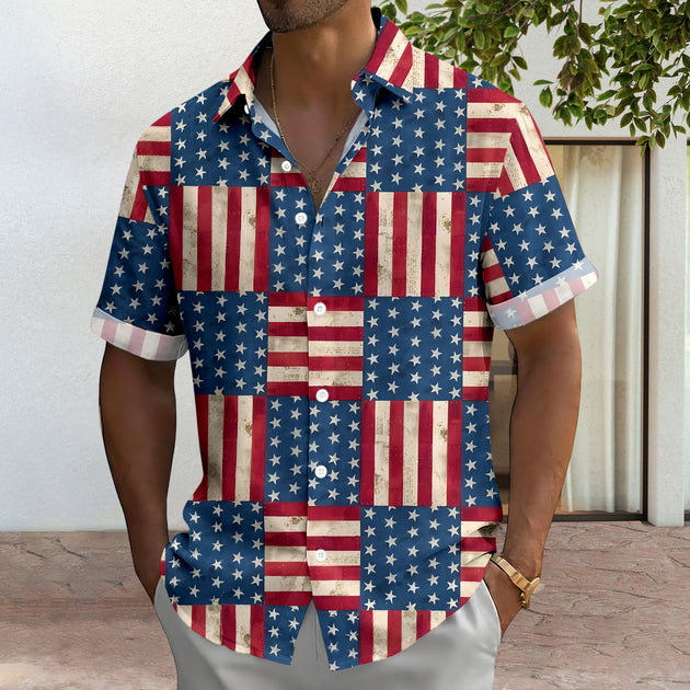 Patriotic Button Down Shirts for Men US Flag Short Sleeve Stars and Stripes Shirts Fashion Tops for Travel noble