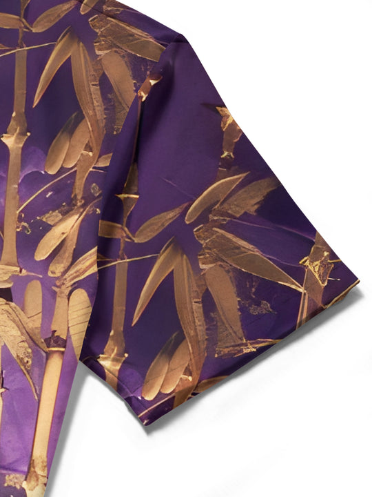 Men's bamboo print pocket short sleeve shirt stitch detail close-up