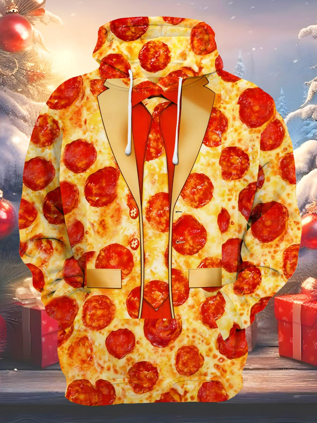 Fun Delicious Cheese Bacon Pizza Men's Long Sleeve Printing Pocket Hooded Sweatshirt