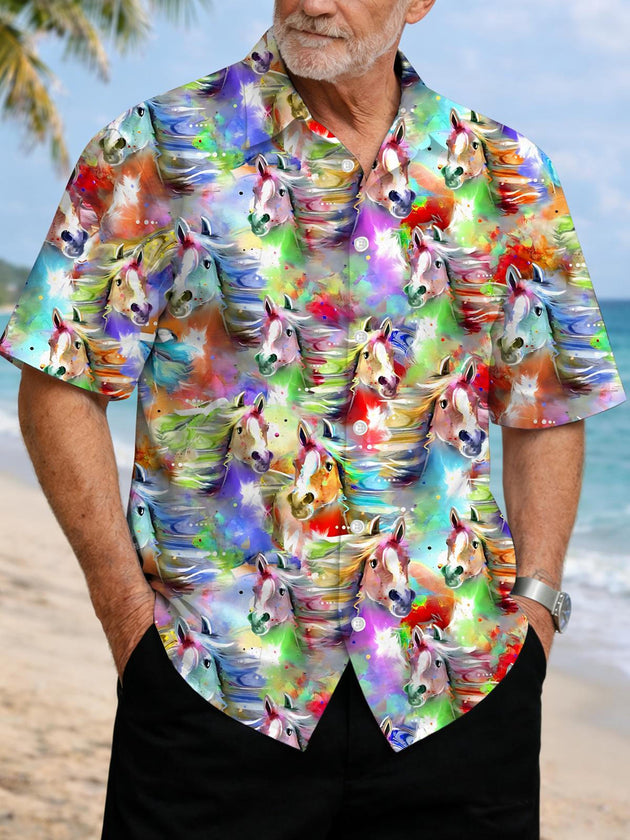 men's colorful art print shirt front view