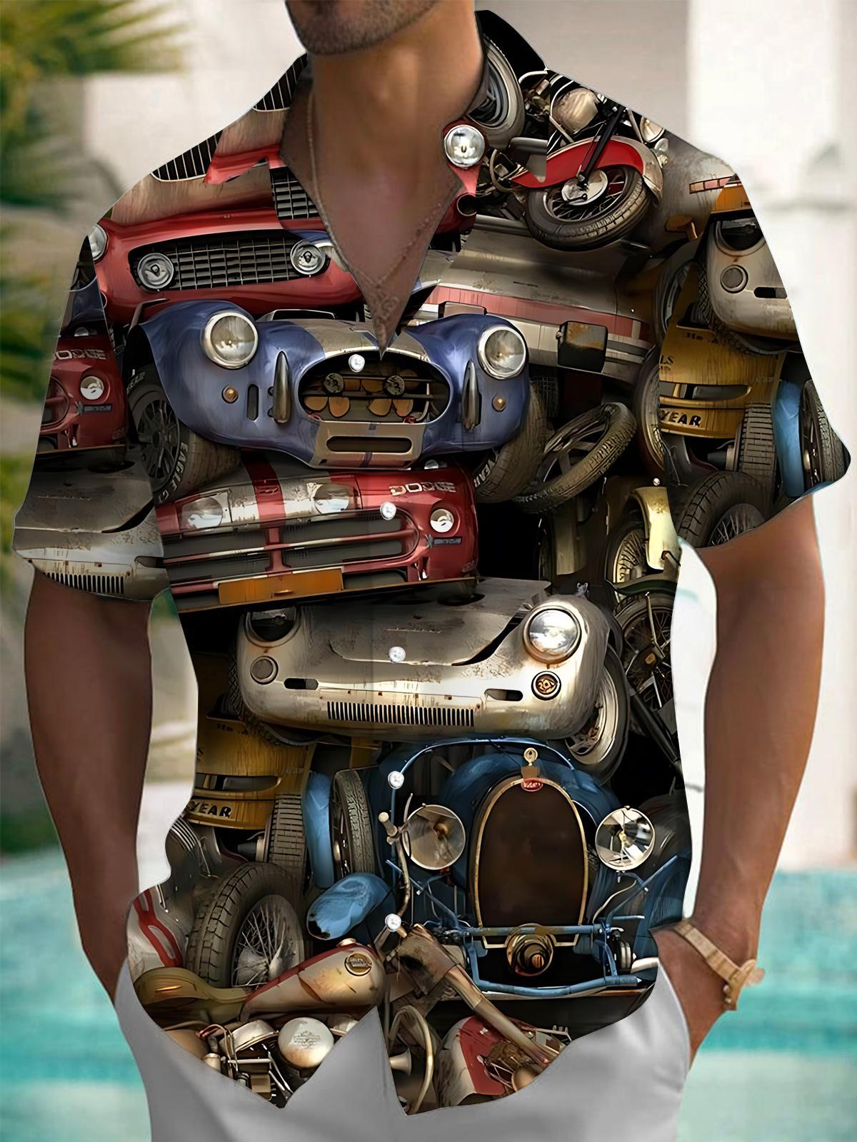 Vintage Car Print Men's Pocket Short Sleeve Shirts