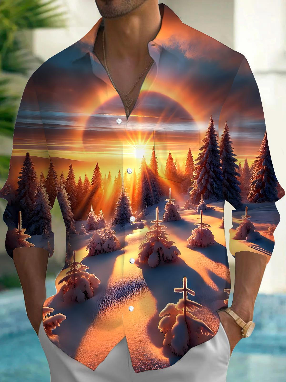 Winter Sunset Men's Pocket Long Sleeve Shirts