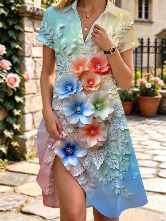 Colorful Flower Print Women's Short Sleeve Shirt Collar Dress