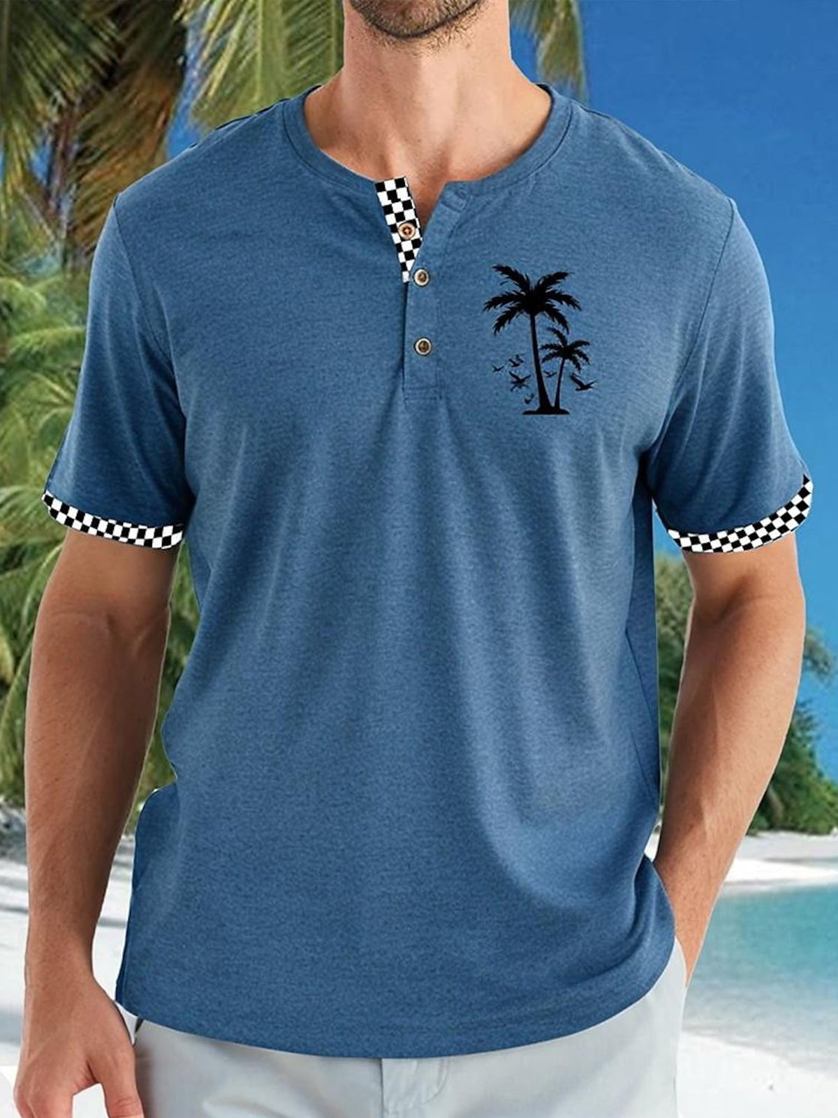 Hawaiian Coconut Tree Plaid Print Short Sleeve Button Men's T-shirt