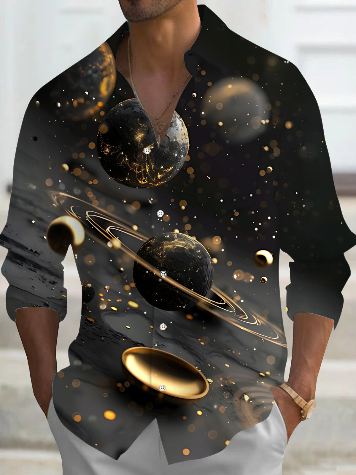 Cosmic Planet Print Men's Pocket Long Sleeve Shirts