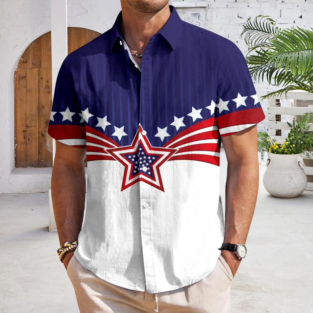 Patriotic Button Down Shirts for Men US Flag Short Sleeve Stars and Stripes Shirts Fashion Tops for Travel noble