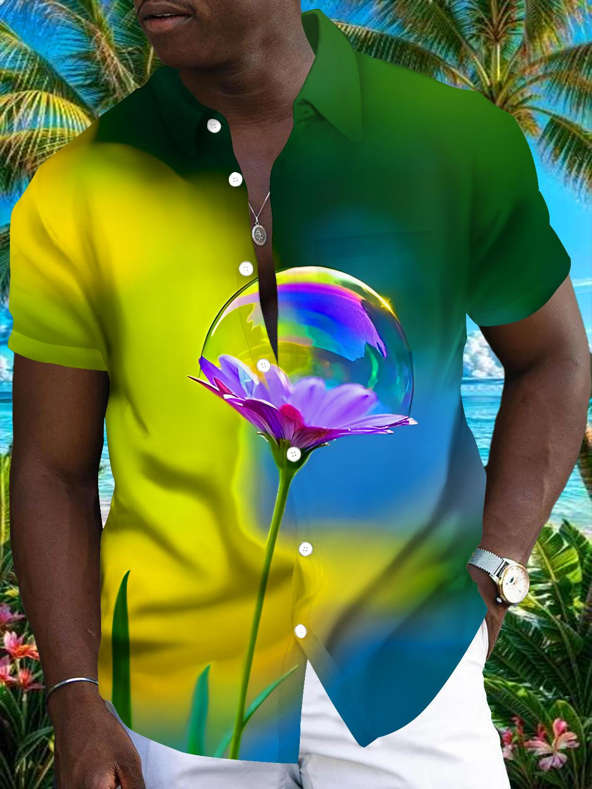 Purple Flower With Bubble Men's Pocket Short Sleeve Shirts