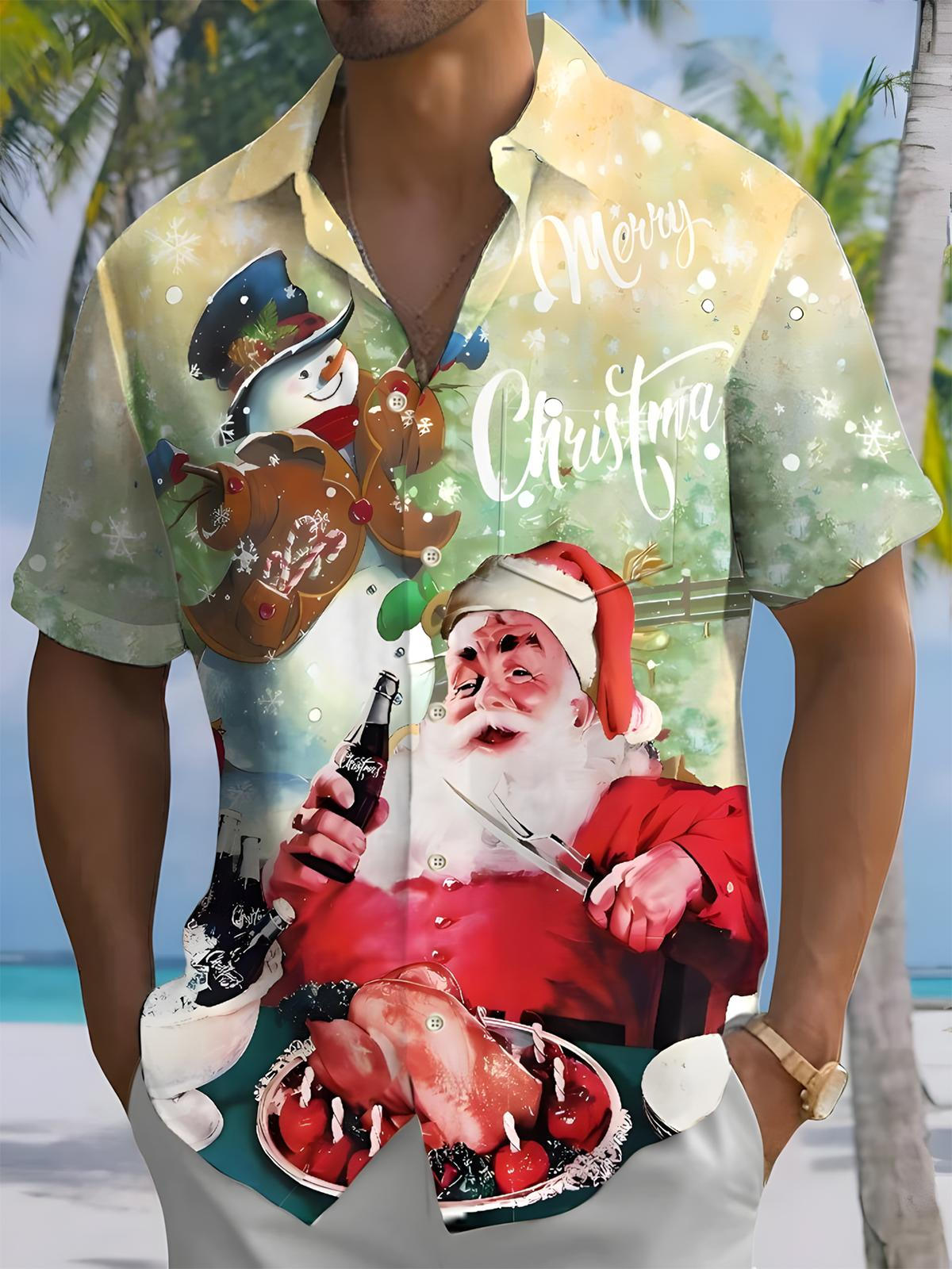 Santa Claus Snowman Men's Pocket Short Sleeve Shirts