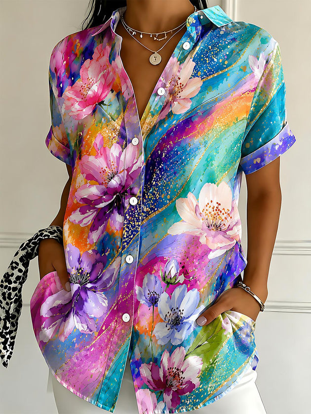 Art Gilding Watercolor Floral Women's Short Sleeve Shirts