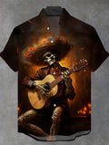 Skull Playing Guitar Men's Pocket Short Sleeve Stand Collar Shirts