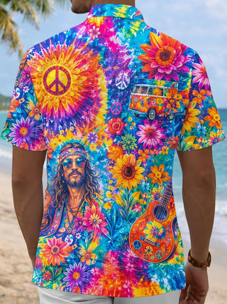 Hippie Peace Flower Colorful Tie-Dye Men's Pocket Short Sleeve Shirts