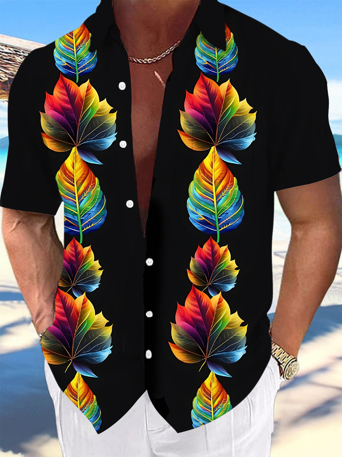 Leaf Print Men's Pocket Short Sleeve Shirts