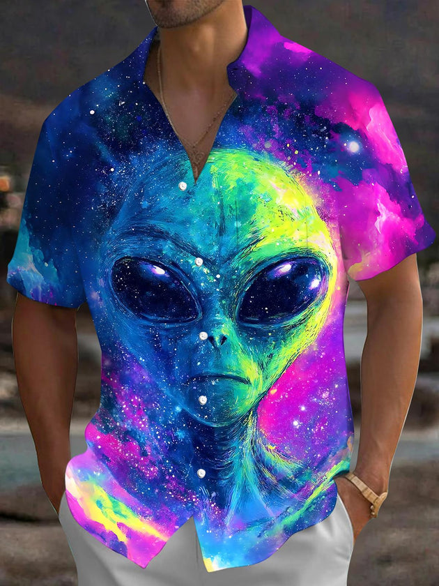 Tie Dye Alien Men's Pocket Short Sleeve Shirts