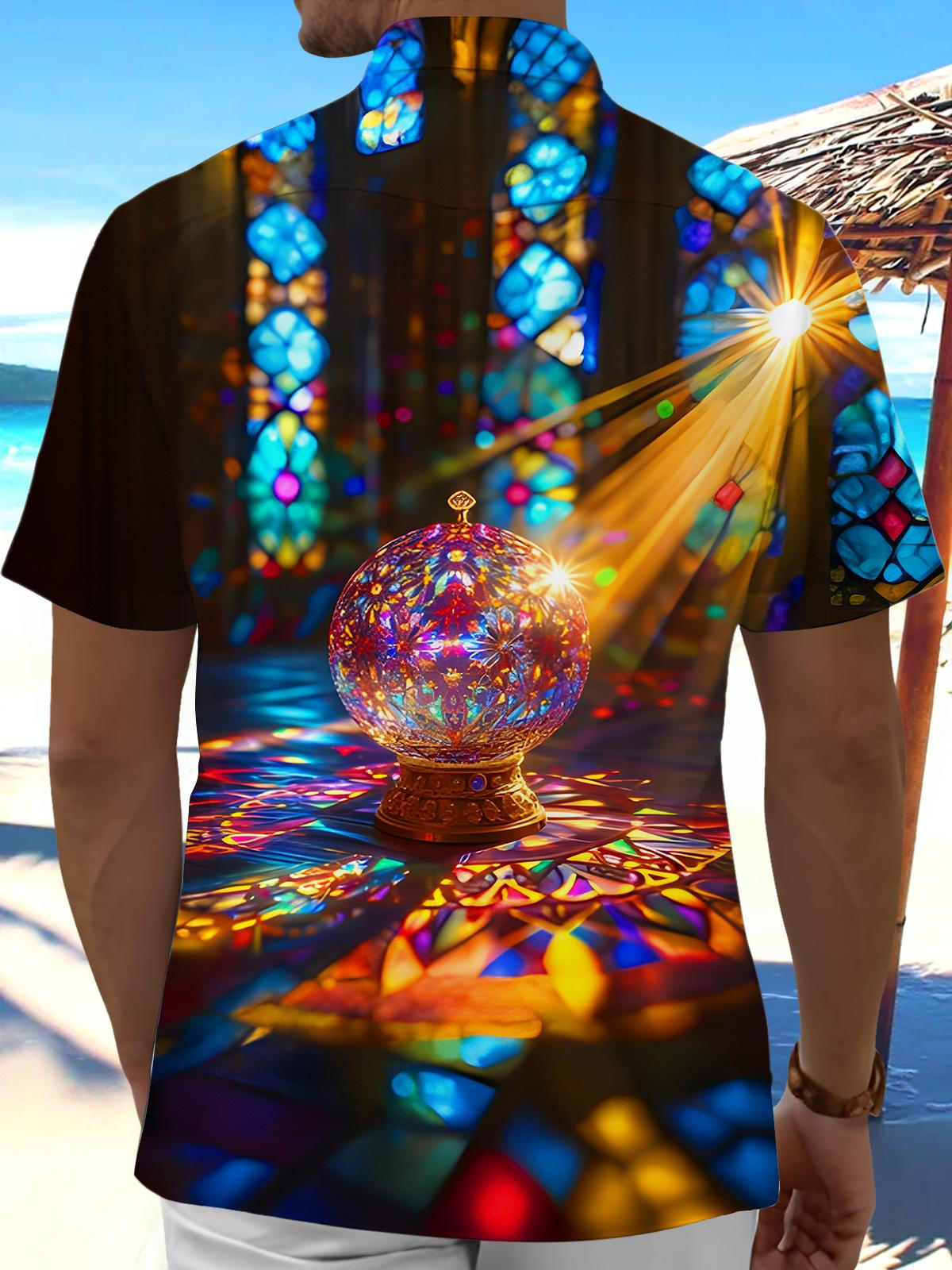 Stained Glass Church Windows Reflect Dazzling Light Shadow Crystal Ball Men's Pocket Short Sleeve Shirts