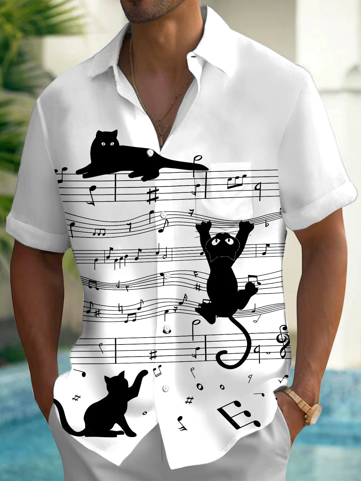 Cat Music Notes Men's Pocket Short Sleeve Shirts