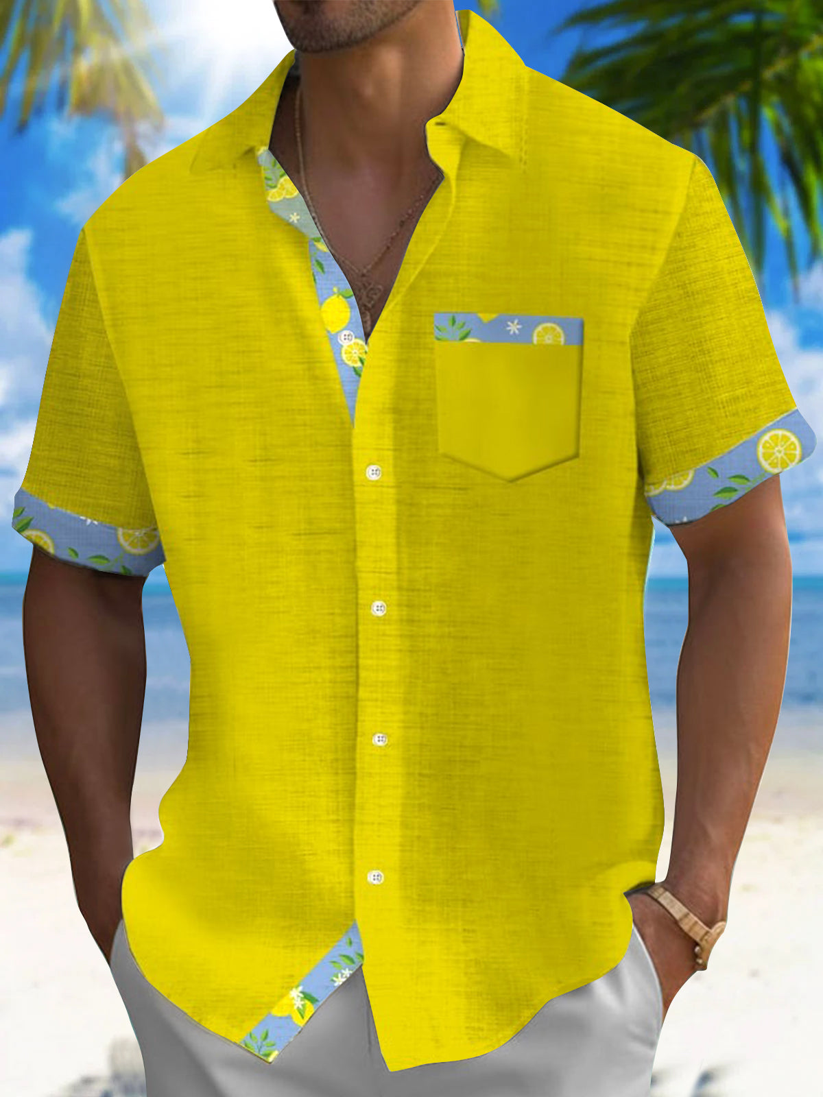 Lemon Short Sleeve Men's Shirts With Pocket