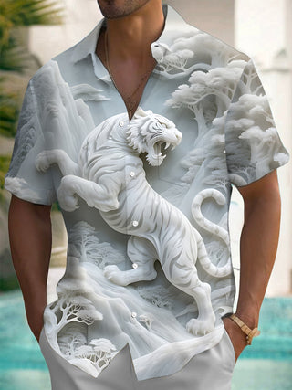 men's forest white tiger print short sleeve shirt front view