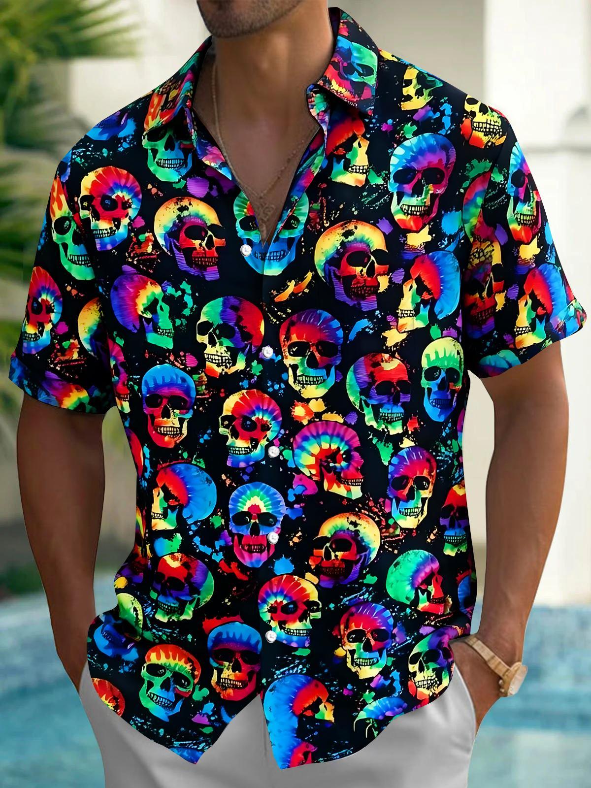 Colorful Skull Men's Pocket Short Sleeve Shirts