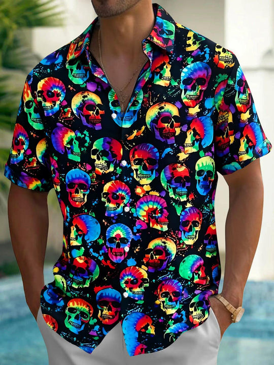 Colorful Skull Men's Pocket Short Sleeve Shirts
