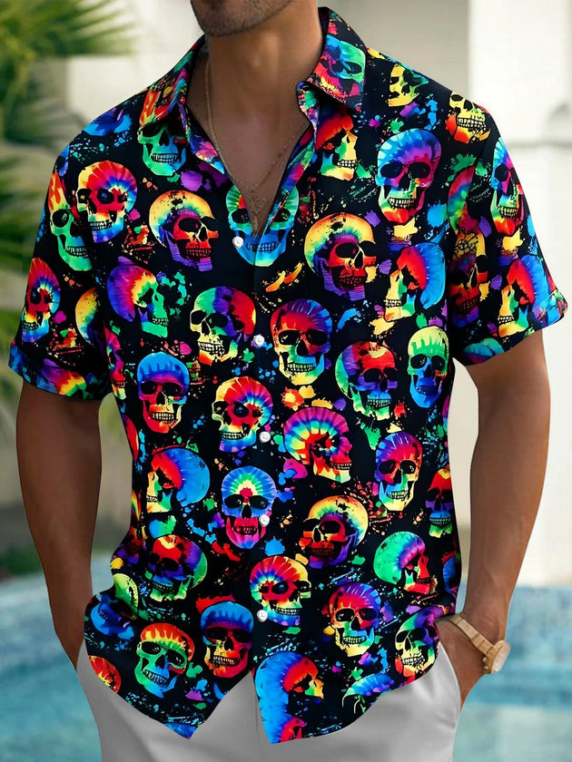 Colorful Skull Men's Pocket Short Sleeve Shirts