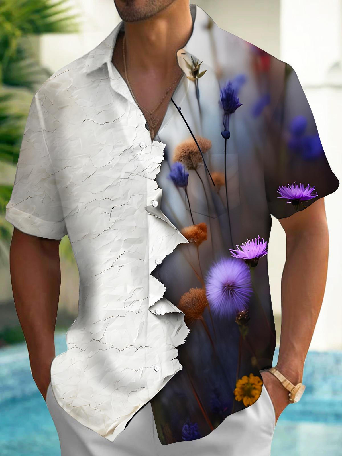 Torn Old Paper With Wildflowers Men's Pocket Short Sleeve Shirts