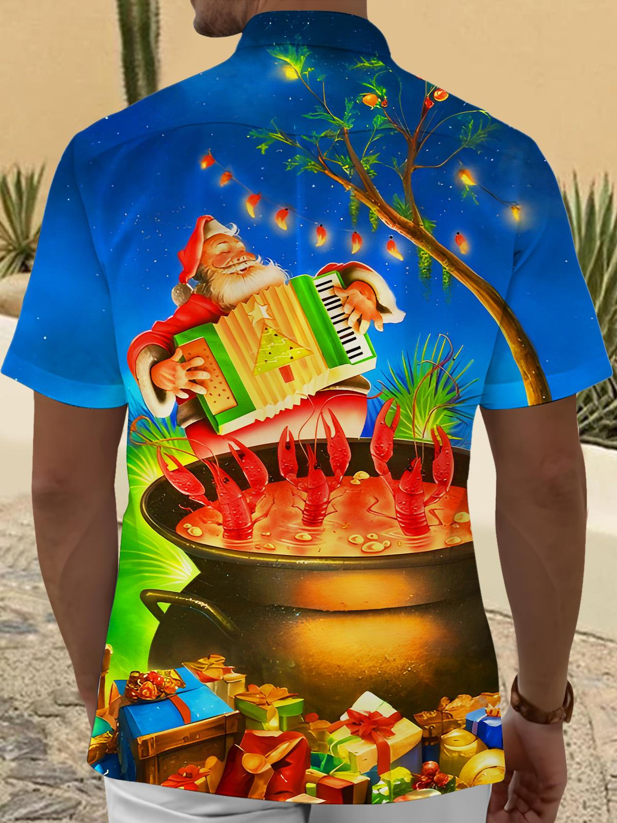 Fun Christmas Santa Claus Accordion Dancing Crayfish Xmas Men's Pocket Short Sleeve Shirts