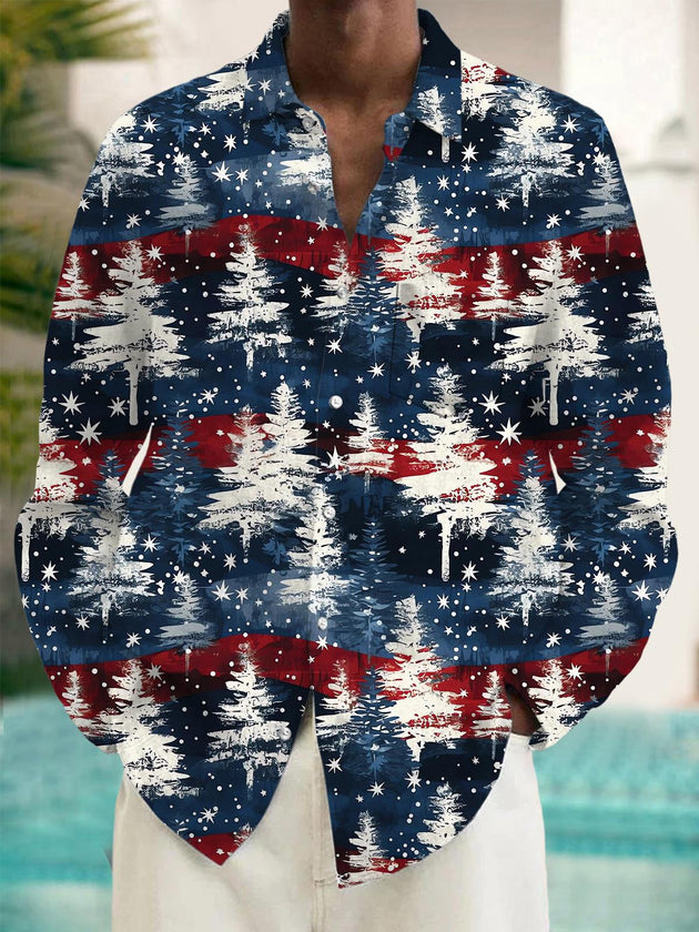 Men's Christmas tree print long sleeve shirt front view for Christmas holiday party