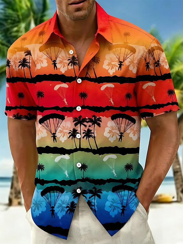 Hawaiian Gradient Sunset Skydiving Sports Men's Pocket Short Sleeve Shirts