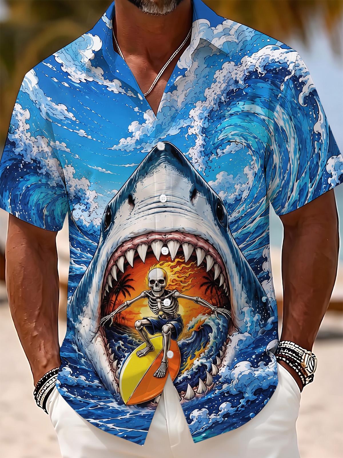 Shark Skull Print Men's Pocket Short Sleeve Shirts