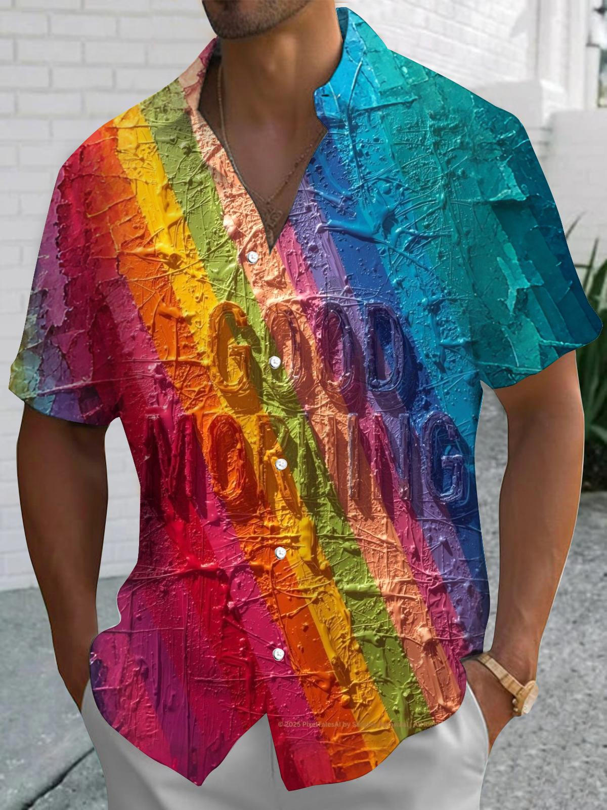 Rainbow Letter Print Men's Pocket Short Sleeve Shirts