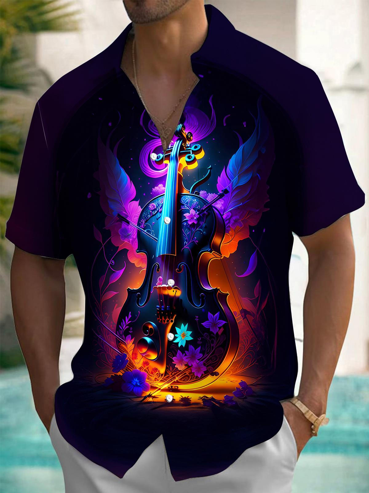 Musical Instrument Print Men's Pocket Short Sleeve Shirts