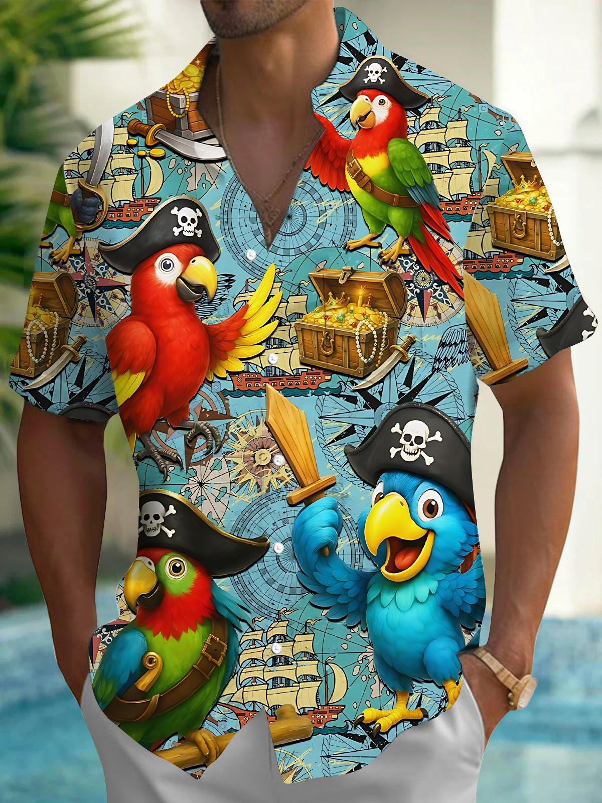 Pirate Parrot Print Men's Pocket Short Sleeve Shirts
